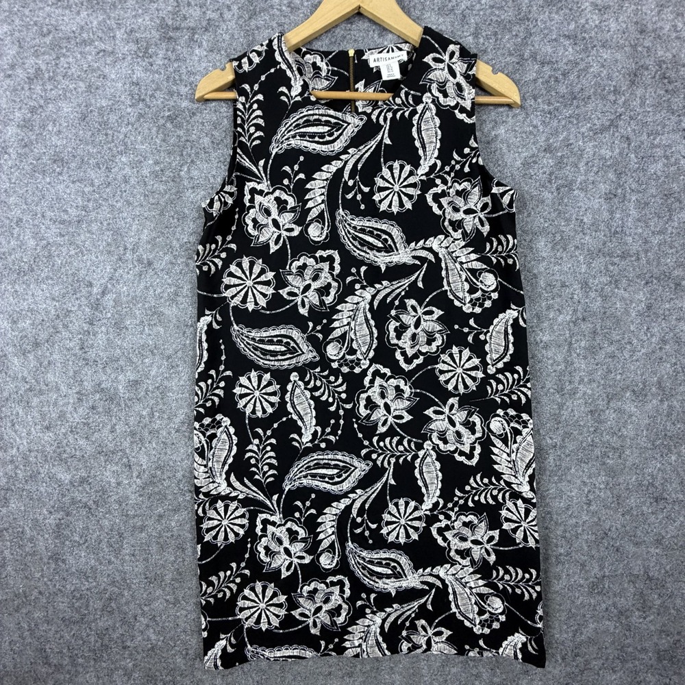 Artisan NY Sheath Dress Women 6 Black White Paisley Floral Sleeveless Boho